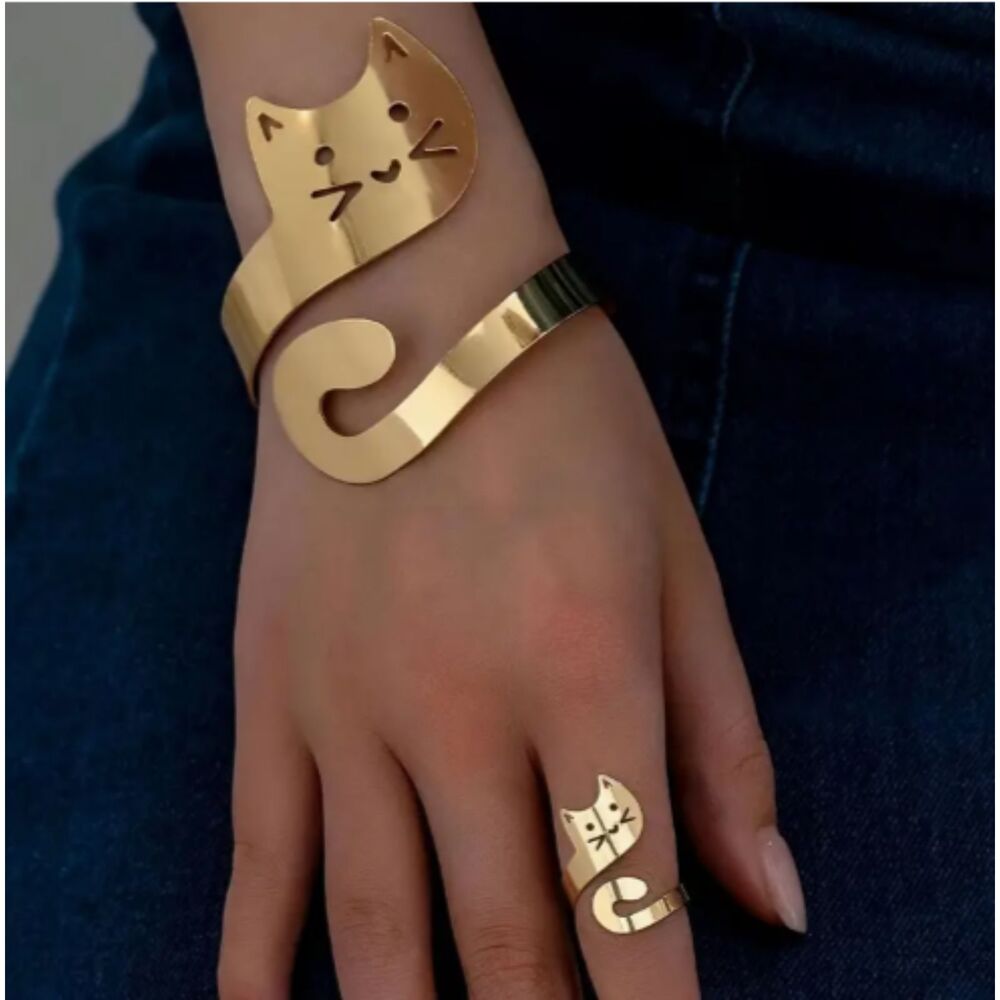 Gold Cat Cuff Bracelet & Ring Set Cat Face & Wrap Around Tail